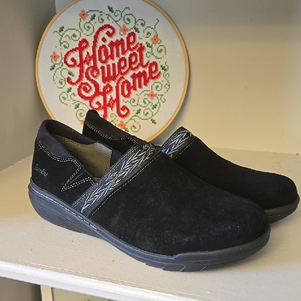 Jambu Black Suede Fuzzy Lined Memory Foam Slip On Walking Shoes